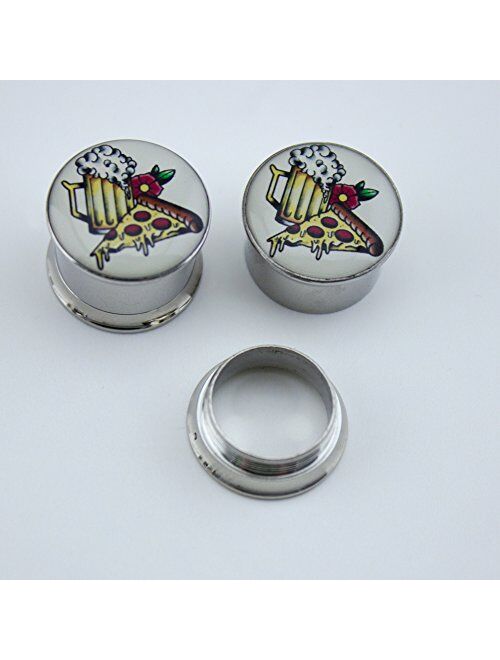 Urban Body Jewelry 00 Gauge (00G - 10mm) Pizza & Beer Tattoo Steel Plugs/Gauges - Artist Series