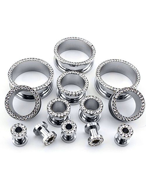 Urban Body Jewelry Pair of 2 Gauge (2G - 6mm) Stainless Steel CZ Bling Ear Tunnels Plugs/Gauges