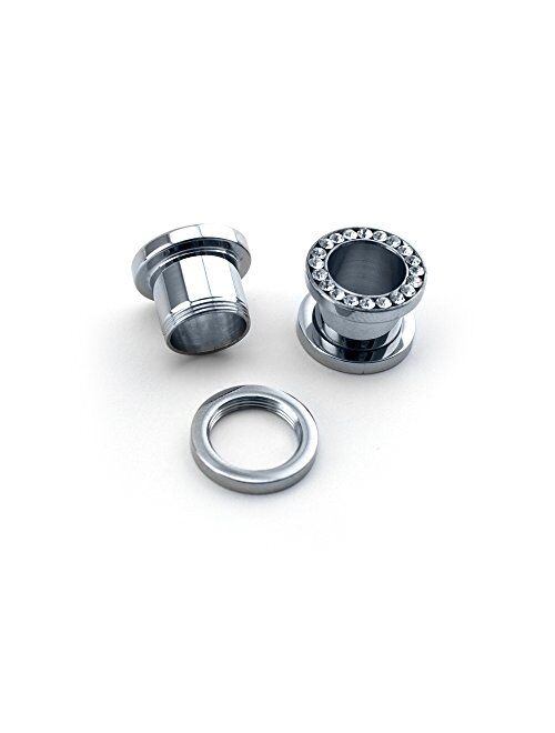 Urban Body Jewelry Pair of 2 Gauge (2G - 6mm) Stainless Steel CZ Bling Ear Tunnels Plugs/Gauges