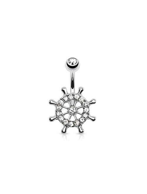 Urban Body Jewelry 14G Ships Wheel Belly Button Ring Clear CZ Gems