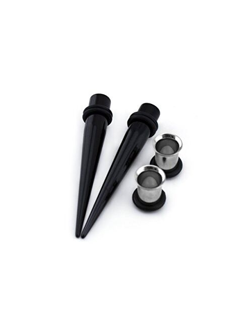 Urban Body Jewelry 1 Gauge Ear Stretching Kit - (1G - 7mm) 2 Black Acrylic Tapers & 2 Steel Tunnels (4 Pieces)