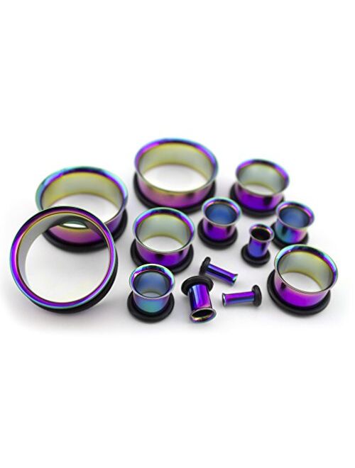 Urban Body Jewelry Pair of 00 Gauge (00G - 10mm) Rainbow Steel Single Flare Tunnel Plugs