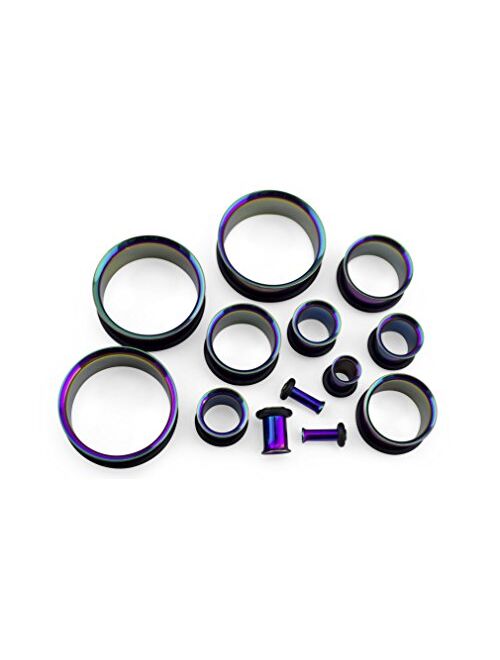 Urban Body Jewelry Pair of 00 Gauge (00G - 10mm) Rainbow Steel Single Flare Tunnel Plugs