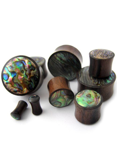 Urban Body Jewelry Pair of 9/16 (14mm) Gauge Abalone Shell Inlay Wooden Plugs - Double Flare (WD031)