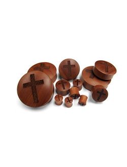 Pair of 1/2" Gauge (12mm) Engraved Cross Wood Plugs