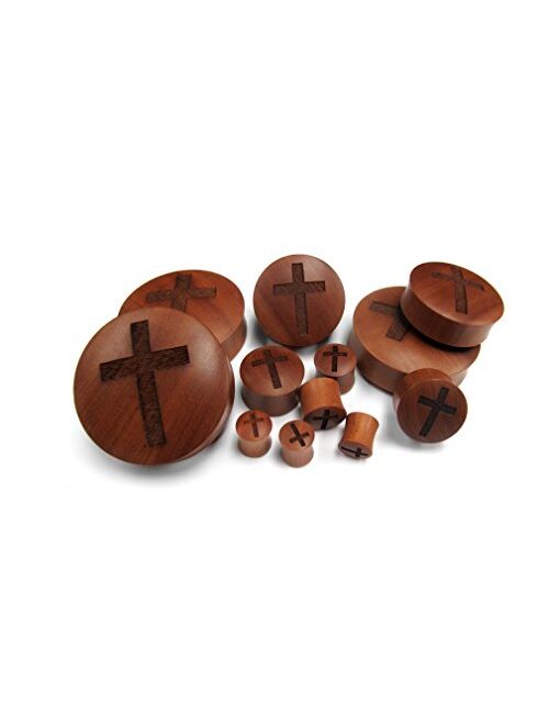 Urban Body Jewelry Pair of 1/2" Gauge (12mm) Engraved Cross Wood Plugs