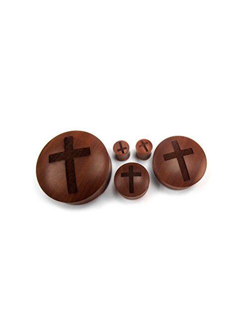 Urban Body Jewelry Pair of 1/2" Gauge (12mm) Engraved Cross Wood Plugs