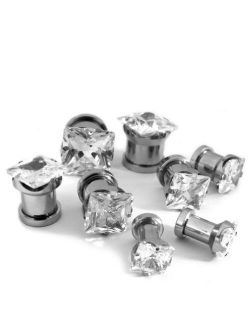 (00 Gauge ~ 10mm) 1 Pair of Clear CZ Diamond Stud Stainless Steel Tunnel Plugs (STL077)