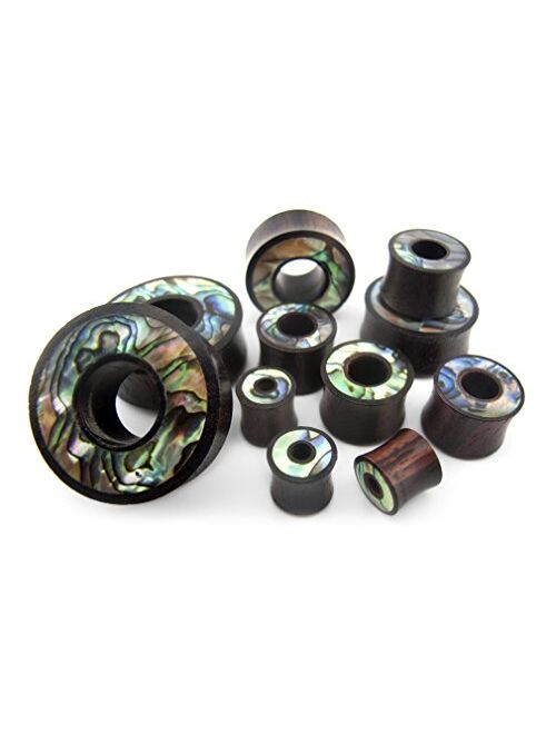 Urban Body Jewelry Pair of 1 & 1/8" Inch (29mm) Sono Wood Tunnel Plugs with Abalone Shell Inlay