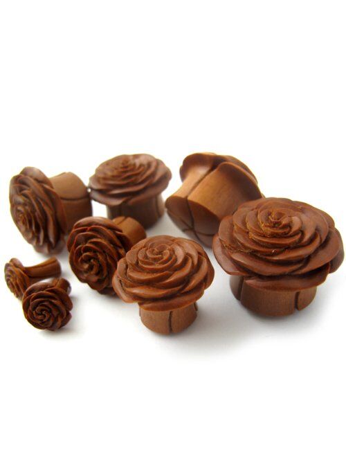 Urban Body Jewelry Pair of 9/16 (14mm) Gauge Saba Rose Bud Wood Plugs - Double Flare (WD016)