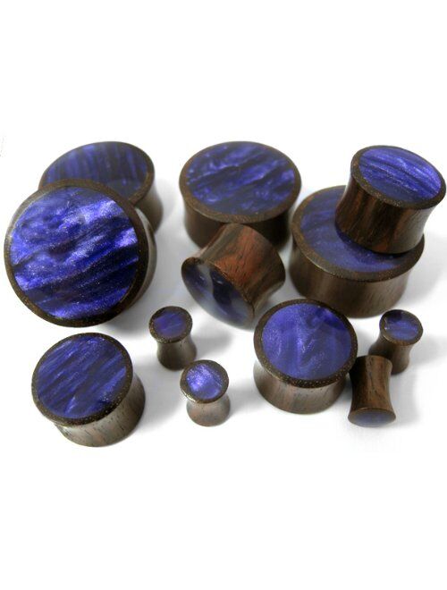 Urban Body Jewelry Pair of 6 Gauge Wood Plugs with Purple Resin Inlay (6G - 4mm) - Double Flare (WD066)