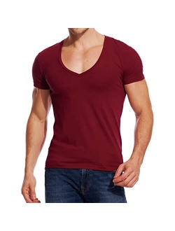 HORSQK Deep V Neck T Shirts for Men Shirt Short Sleeve Sexy Top