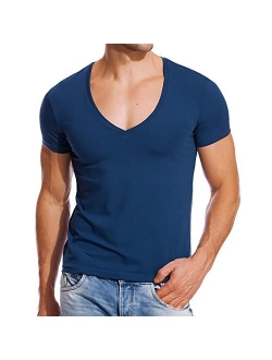 HORSQK Deep V Neck T Shirts for Men Shirt Short Sleeve Sexy Top