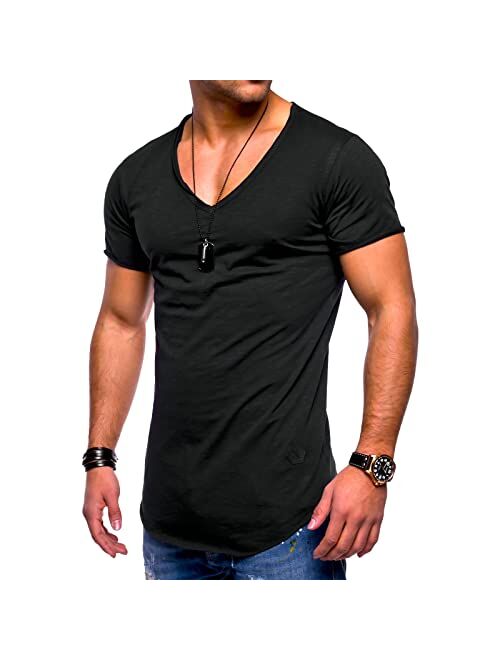 HORSQK Deep V Neck T Shirts for Men Shirt Short Sleeve Sexy Top