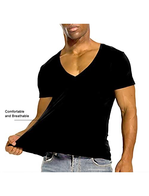 HORSQK Deep V Neck T Shirts for Men Shirt Short Sleeve Sexy Top