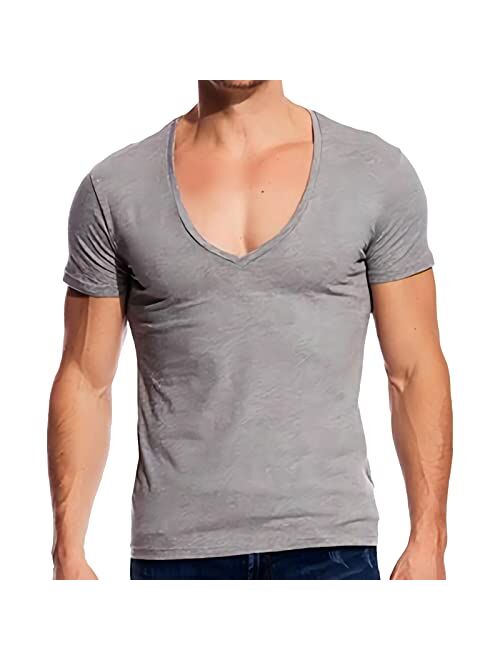 HORSQK Deep V Neck T Shirts for Men Shirt Short Sleeve Sexy Top