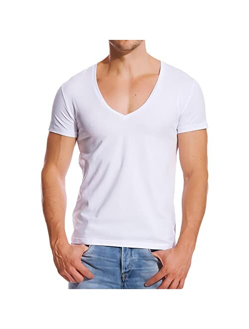 HORSQK Deep V Neck T Shirts for Men Shirt Short Sleeve Sexy Top