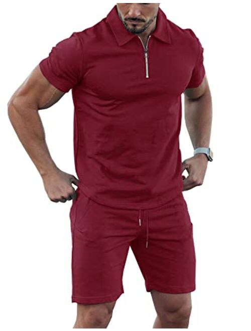 URRU Mens Short Sleeve Casual Polo Shirt and Shorts Sets Two Piece Summer Outfits Zip Polo Tracksuit Set for Men S-XXL