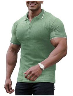 URRU Men's Muscle T Shirts Waffle Stretch Short Sleeve Polo Shirt Casual Slim Fit Workout Tee Shirts