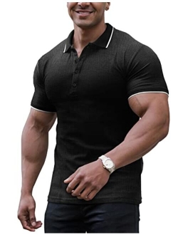 URRU Men's Muscle T Shirts Waffle Stretch Short Sleeve Polo Shirt Casual Slim Fit Workout Tee Shirts