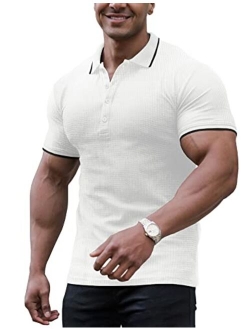 URRU Men's Muscle T Shirts Waffle Stretch Short Sleeve Polo Shirt Casual Slim Fit Workout Tee Shirts