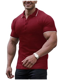 URRU Men's Muscle T Shirts Waffle Stretch Short Sleeve Polo Shirt Casual Slim Fit Workout Tee Shirts