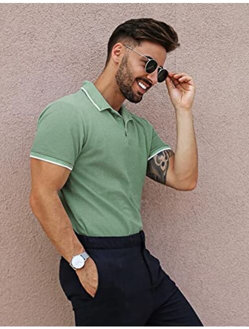 URRU Men's Muscle T Shirts Waffle Stretch Short Sleeve Polo Shirt Casual Slim Fit Workout Tee Shirts