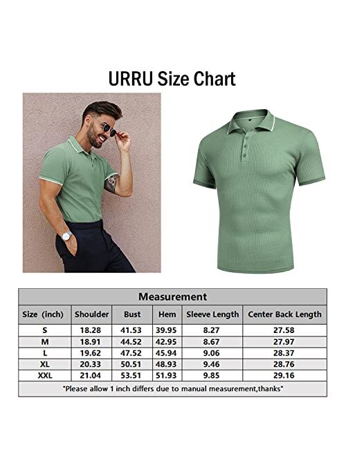 URRU Men's Muscle T Shirts Waffle Stretch Short Sleeve Polo Shirt Casual Slim Fit Workout Tee Shirts