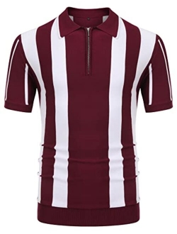 URRU Men's Casual Short Sleeve Knitted Golf Polo Slim Fit Contrast Striped Vintage Zipper Athletic Top S-XXL