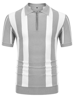 URRU Men's Casual Short Sleeve Knitted Golf Polo Slim Fit Contrast Striped Vintage Zipper Athletic Top S-XXL