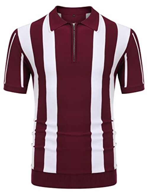 URRU Men's Casual Short Sleeve Knitted Golf Polo Slim Fit Contrast Striped Vintage Zipper Athletic Top S-XXL