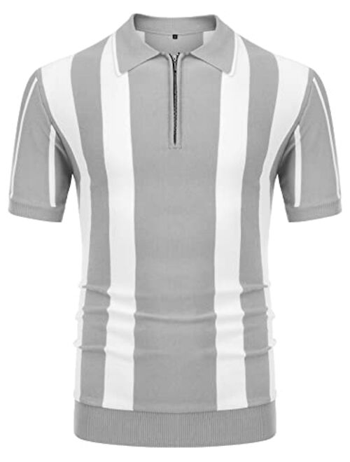 URRU Men's Casual Short Sleeve Knitted Golf Polo Slim Fit Contrast Striped Vintage Zipper Athletic Top S-XXL