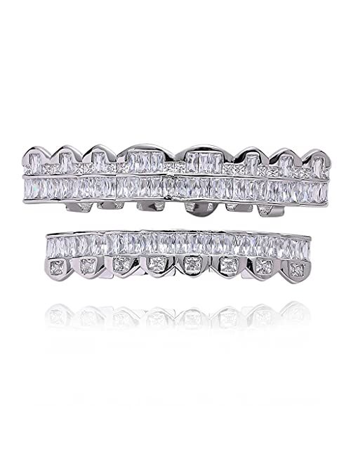 LKV Gold Teeth Grillz Square Micro Paved CZ Diamond 8 Teeth Top Bottom Men Women Vampire Mouth Grill with Extra Molding Bars