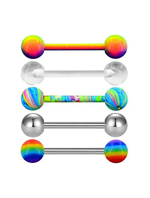 OUFER 5PCS 14G Stainless Steel Tongue Rings Barbell Rainbow Colorful Tongue Bar Piercing