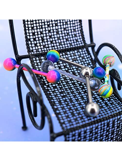 OUFER 5PCS 14G Stainless Steel Tongue Rings Barbell Rainbow Colorful Tongue Bar Piercing