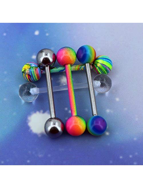 OUFER 5PCS 14G Stainless Steel Tongue Rings Barbell Rainbow Colorful Tongue Bar Piercing