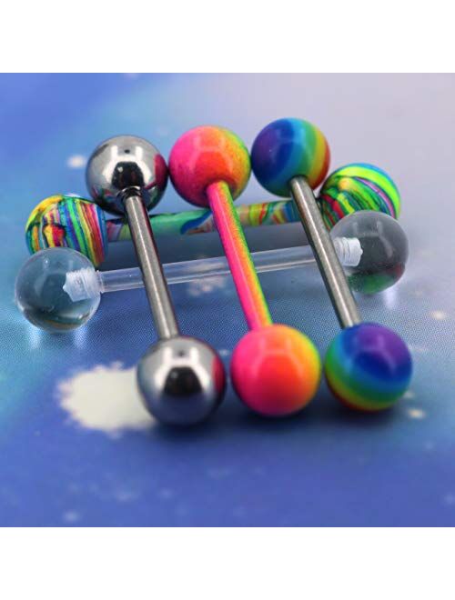 OUFER 5PCS 14G Stainless Steel Tongue Rings Barbell Rainbow Colorful Tongue Bar Piercing