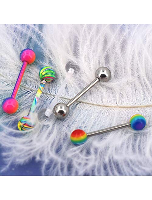 OUFER 5PCS 14G Stainless Steel Tongue Rings Barbell Rainbow Colorful Tongue Bar Piercing