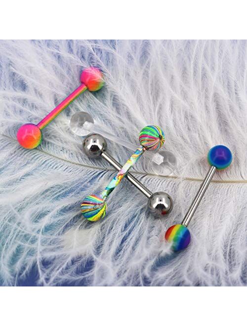 OUFER 5PCS 14G Stainless Steel Tongue Rings Barbell Rainbow Colorful Tongue Bar Piercing