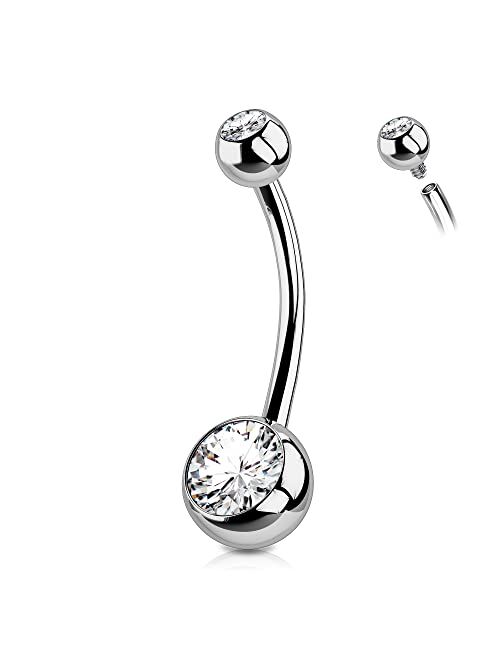 OUFER Titanium Long Belly Button Rings, Internally Threaded 14mm Navel Piercing Jewelry, Round CZ Belly Ring for Women