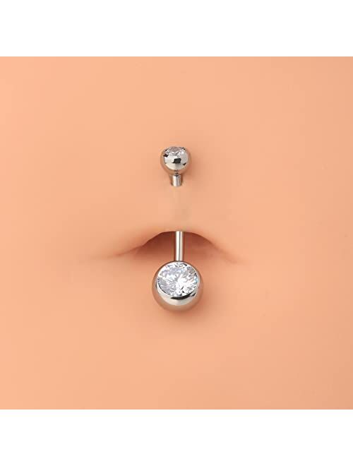 OUFER Titanium Long Belly Button Rings, Internally Threaded 14mm Navel Piercing Jewelry, Round CZ Belly Ring for Women