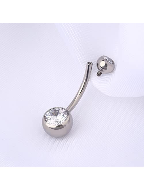 OUFER Titanium Long Belly Button Rings, Internally Threaded 14mm Navel Piercing Jewelry, Round CZ Belly Ring for Women