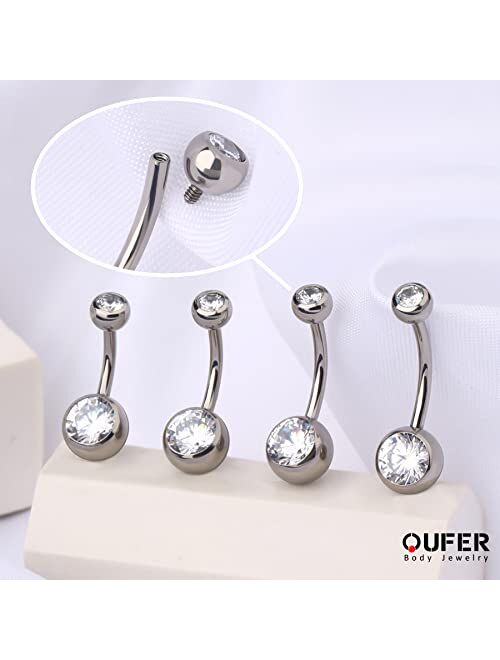 OUFER Titanium Long Belly Button Rings, Internally Threaded 14mm Navel Piercing Jewelry, Round CZ Belly Ring for Women