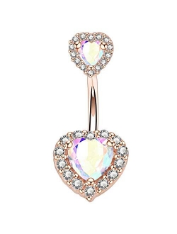 14G Double Heart Cubic Zirconia Navel Belly Button Ring Surgical Steel Piercing Jewelry