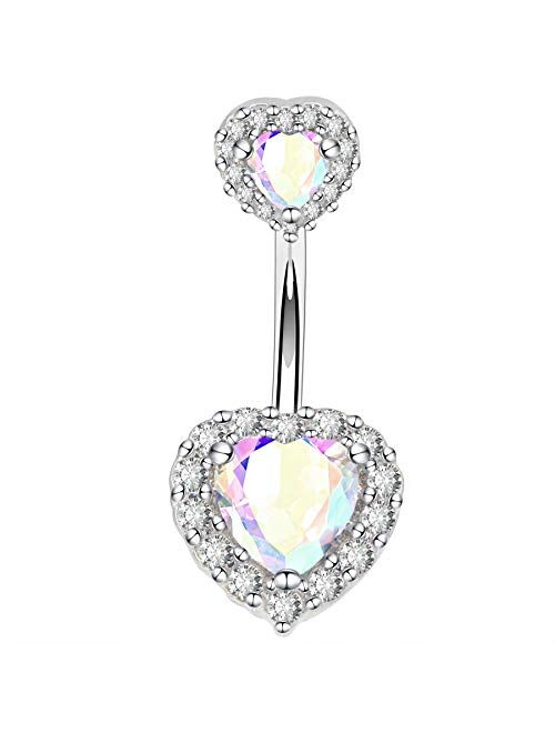 OUFER 14G Double Heart Cubic Zirconia Navel Belly Button Ring Surgical Steel Piercing Jewelry