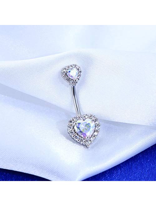 OUFER 14G Double Heart Cubic Zirconia Navel Belly Button Ring Surgical Steel Piercing Jewelry