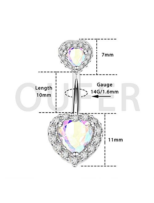 OUFER 14G Double Heart Cubic Zirconia Navel Belly Button Ring Surgical Steel Piercing Jewelry