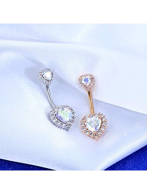 OUFER 14G Double Heart Cubic Zirconia Navel Belly Button Ring Surgical Steel Piercing Jewelry