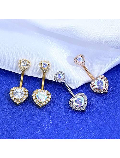 OUFER 14G Double Heart Cubic Zirconia Navel Belly Button Ring Surgical Steel Piercing Jewelry