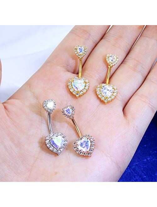 OUFER 14G Double Heart Cubic Zirconia Navel Belly Button Ring Surgical Steel Piercing Jewelry